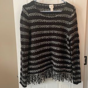 Chicos Black and White Striped Sweater with Fringe